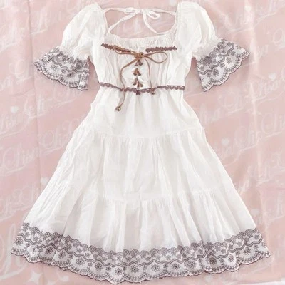 Vestido LIZ LISA Bordado Flor Blanco Algodón Mangas Cortas Encaje Foto 1 de 4