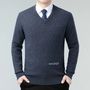 New Men's Cashmere Sweater Business Leisure V-neck Thicken Warm Business Sweater - Picture 1 of 34
