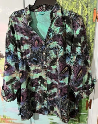 Camisa Top Chaqueta Usable Arte TIANELLO Para Mujer Talla Grande 0X PLUMAS DE PAVO REAL Foto 1 de 4