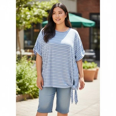 Chaps Striped Tie Front Tunic Top Plus Size 2X Blue White Casual Summer - Image 1 of 4