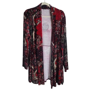 Susan Graver Velvet Paisley Cardigan Womens Plus Size 1X Red Black Boho Holiday - Picture 1 of 11