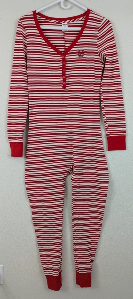 ROSA Victoria's Secret Talla L Térmico Una Pieza Pijama Rojo Blanco Rayas Tejido 0531 Foto 1 de 4