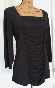 Top Susan Graver manga 3/4 cuello cuadrado negro fruncido delantero elástico XS - Imagen 1 de 6