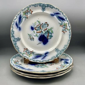 Antico set di 4 piatti Burgess & Leigh Staffordshire Flow blu 10" - Foto 1 di 14