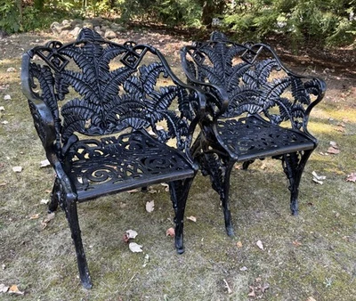 Vintage Pair of Cast Aluminum Fern & Blackberry Garden Patio Chairs Fiske Style - Image 1 of 4