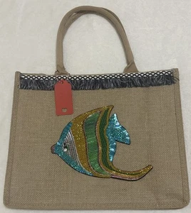 Natural Burlap Jute Tote Bag w/Cotton handles 12x5.5x15"FISH-Handmade - Picture 1 of 7