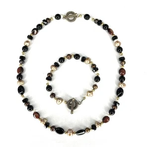 Chocolate Pearl Necklace Bracelet Set Sterling Silver Toggle Onyx Beaded 925 - Picture 1 of 12