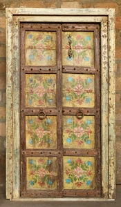 Antique Indian Yellow Painted Door Hand-Carved Traditional Garden Doors Unique 