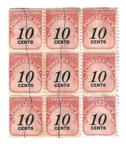 US Postage Due Stamp - block of 9 - Scott #J97 from 1959 - Used off Paper (#ll) - Picture 1 of 1