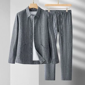 2PC New Men Flax Thin Jacket Coats Tops & Pants Casual Sets Solid Lapel Shirt US - Picture 1 of 13