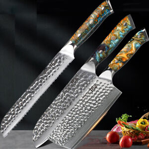 3Pcs TURWHO Nakiri Bread Santoku Knife Japanese VG10 Damascus Kitchen Knife Set