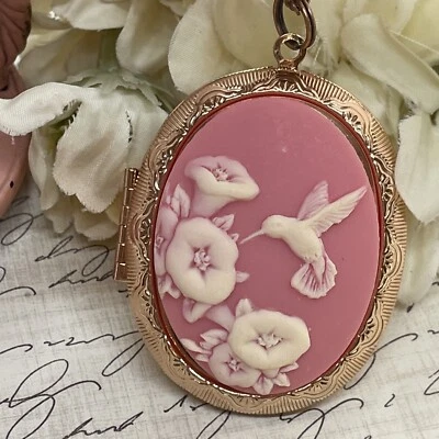 Hummingbird Cameo Pink Wedding rose gold Gift Bridal Bridesmaids Photo Locket - Image 1 of 4