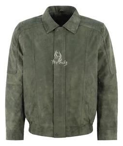 Chaqueta de bombardero de cuero con blusa efecto pulido oliva suave de cuero real para hombre - Imagen 1 de 4