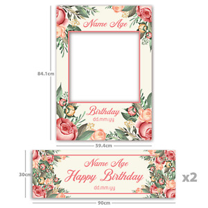 Personalised Birthday Floral Flower Design 1 Selfie Frame + 2 Banners Party Deco
