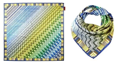 MISSONI AUTHENTIC 35" x 35" SILK SATIN WAVES PRINT SCARF BLUE/LIME MADE IN ITALY - Image 1 of 4