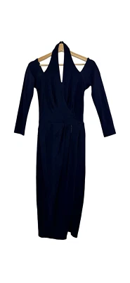Tadashi Navy Blue Long Sleeve Halter Wrap Sheath Dress Size M Pleated Cut Out - image 1 of 4