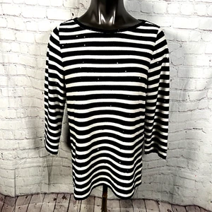Talbots Top Mujer L Negro Sequence Rayas Cuello Redondo 3/4 Manga Punto Jersey - Picture 1 of 5