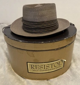 Vintage Stetson grau Stroh Porkpie Hut Gr. 7 braun Paisley Band mit Hutbox NEU - Bild 1 von 15