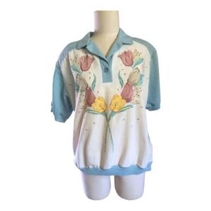 1980s Teddi Tulip Print Blue White Top Pearl Embellishment Size Large Vintage - Picture 1 of 7