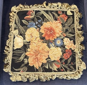 Copricuscino 16” X 16” nuovo vintage tessuto a mano punto ago nero motivo floreale - Foto 1 di 9