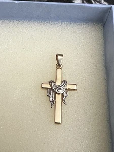 14K Yellow and White Gold Cross Pendant Charm 1.5 Inches, 1.30 Grams - Picture 1 of 24