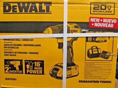 NUEVO KIT TALADRO DESTORNILLADOR SIN ESCOBILLAS DEWALT DCD793D1 1/2" 20V MAX con BATERÍA/CHGR Foto 1 de 4