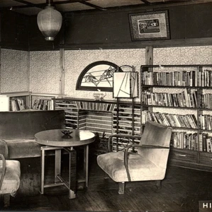c.1950 Higuchi Hotel Library Lobby Vista interna Atami Izu Shizuoka Giappone RPPC - Foto 1 di 3