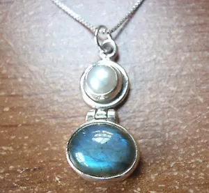 Labradorit ovale und kultivierte Perle 925 Sterlingsilber Anhänger - Bild 1 von 2