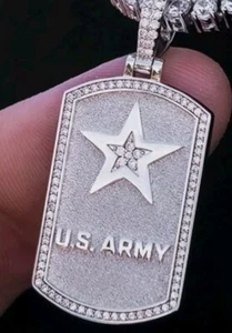 Nu GLD US Army Iced Dog Tag Pendant - 14k White Gold Plated CZ Stone - Picture 1 of 3