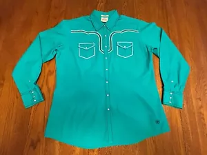 ARIAT Womens Turquoise Western Embroidered Cross Pearl Snap Shirt XL - Picture 1 of 14