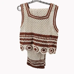 Conjunto Top y Pantalones Crochet Ultra Rosa Para Mujer Estilo Boho Marrón y Crema L - Imagen 1 de 11