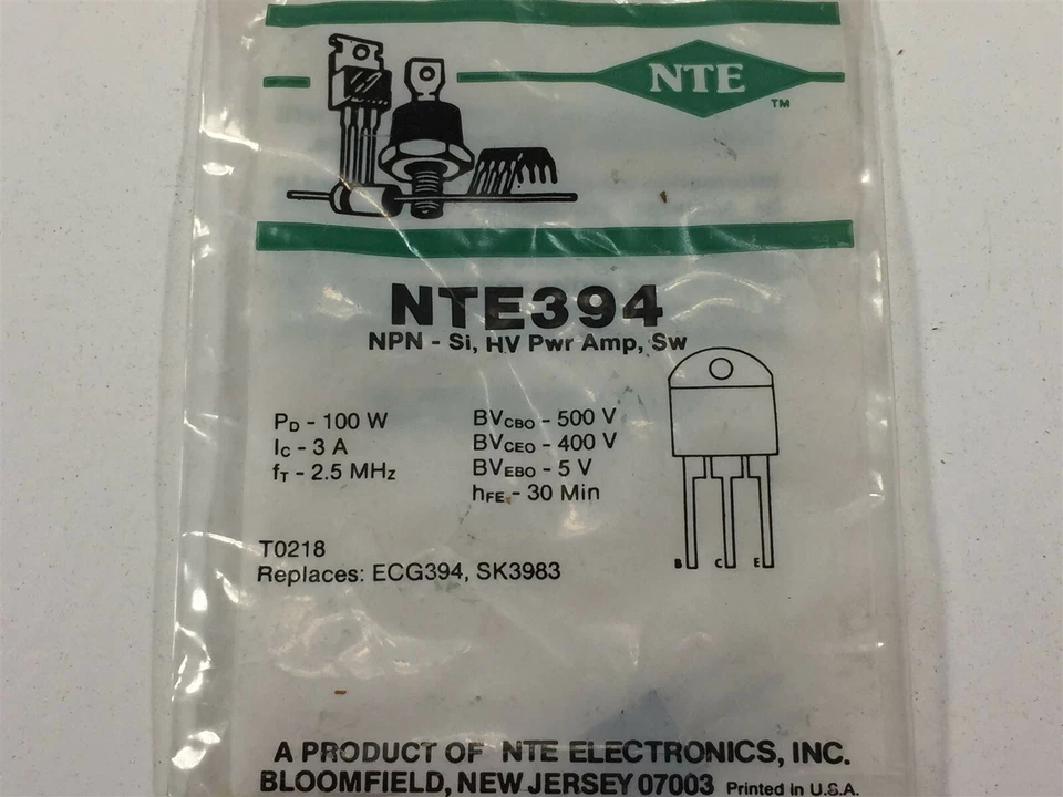 (12) NTE394 Silicon NPN Transistor Power Amp Hi Voltage Switch TO−3PN Lot of 12 - Image 1 of 4