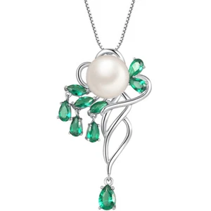 925 Sterling Silver Freshwater Pearl Pendant Necklace Simulated Emerald Gifts - Picture 1 of 7