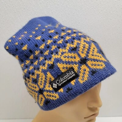 Vintage Columbia Sportswear Wool Knit Winter Hat Beanie Purple Yellow - Image 1 of 4