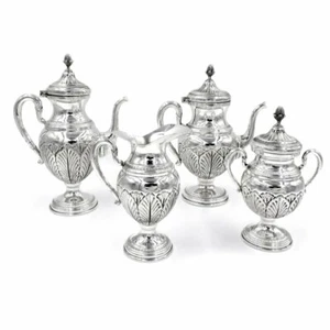 Servizio da Caffè e da Tè in Argento 800 Stile Impero Cesello Foglie Quattro Pez - Foto 1 di 4