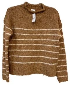 NEW J. Crew Sweater Womens size XS Tan White Stripe Roll Mock Boucle Wool Blend - Picture 1 of 8