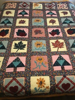 Handmade Quilt Multicolour ￼Patchwork Bedspread 1998 Vintage 76x77 - Image 1 of 4