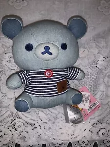 Rilakkuma Denim Bear Blue Striped Shirt Red Button Logo Patch San X Japan - Picture 1 of 6