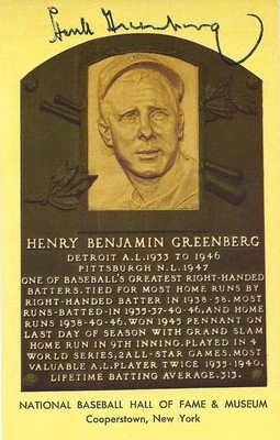 Hank Greenberg Signed Hall of Fame Postcard PSA/DNA LOA Yellow HOF Plaque Auto'd - Image 1 of 2