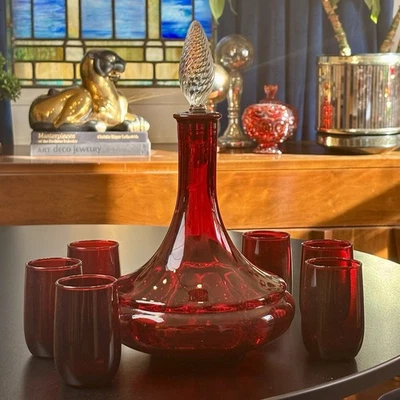 Vtg Ruby Red Glass Genie Bottle Decanter w/ 6 Glasses Mid Century Glass Bar Set - Image 1 of 4