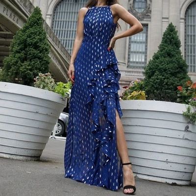 Betsy & Adam Karina Chiffon Foil Ruffle Halter Tie Evening Dress Blue Size 18W  - Image 1 of 4