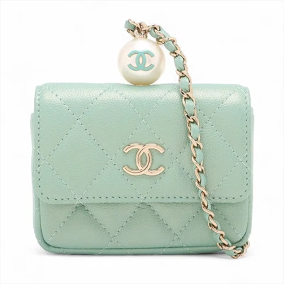 Chanel Matelasse Caviar Piel Cadena Bolso de Hombro Estuche para Tarjetas Perla Verde Dorado Metal Foto 1 de 4