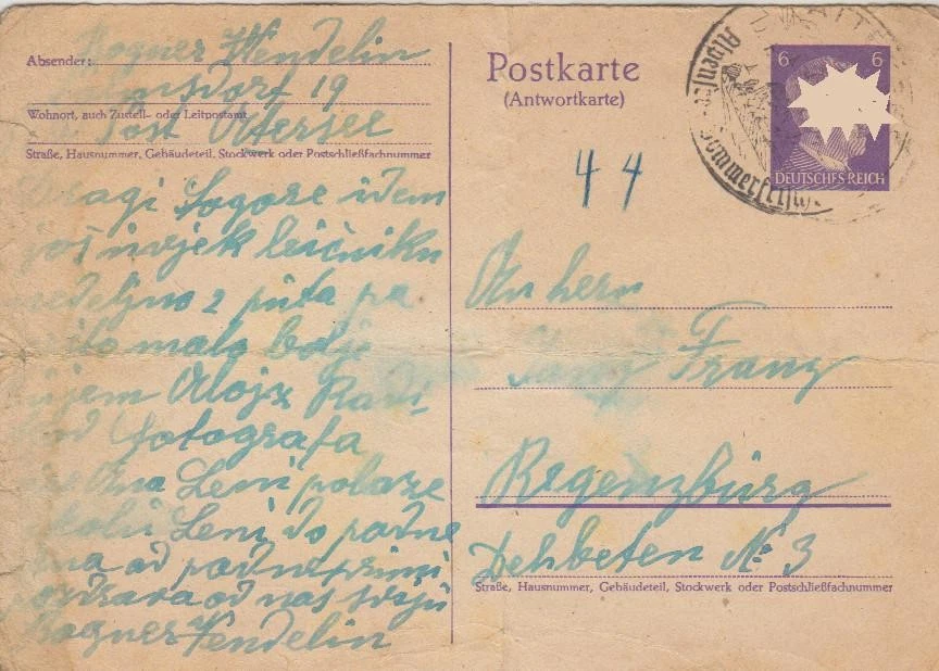 Postkarte 1945 Attersee Palmsdorf Siebenbürge SS-Hunyadi- Regensburg Feldpost52 - Bild 1 von 1