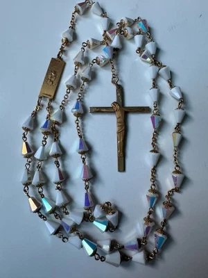 Vintage Antaya Jesus 12 kt 1/20 gold filled White reflective Rosary beads - Image 1 of 4