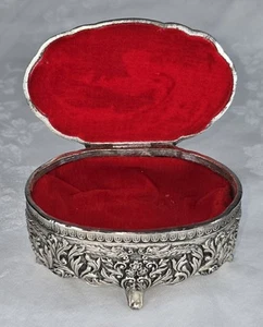 Vintage Ornate Silver Trinket Jewelry Box Red Velvet Lined Feet Floral Design - Picture 1 of 24