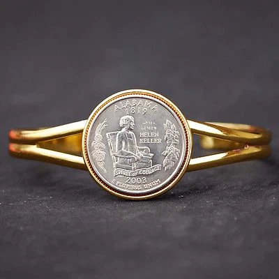 US 2003 Alabama State Quarter Coin Gold Plated Cuff Bracelet - Beautiful - Image 1 of 4