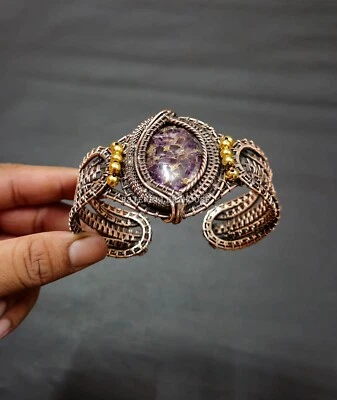 铜线包装珠宝美丽铜紫水晶袖口可调节手镯 — 第 1/4 张图片