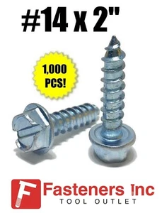 (Qty 1000) #14 x 2" Hex Washer Head Slotted Sheet Metal Screw Zinc Plated - Picture 1 of 2