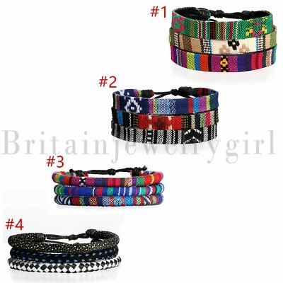 Conjunto de 3 peças de cordão de cânhamo envoltório étnico tribal bracelete punho pulseira para homens mulheres - Imagem 1 de 4