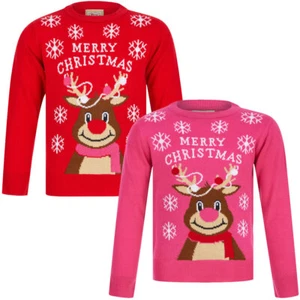 Kids Girls Christmas Jumper Reindeer Merry Xmas Sweater Pullover Novelty - Picture 1 of 7
